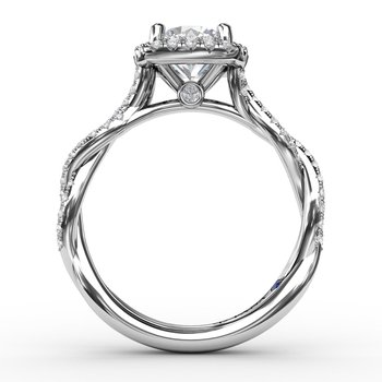 Classic Cushion Diamond Halo Engagement Ring With Cathedral Twist Diamond Band