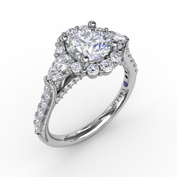 Three-Stone Diamond Halo Engagement Ring With Pear-Shape Side Stones