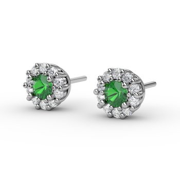 Shared Prong Emerald and Diamond Stud Earrings