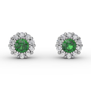 Shared Prong Emerald and Diamond Stud Earrings