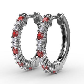Shared Prong Ruby and Diamond Hoops