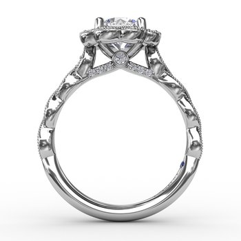 Round Diamond Engagement Ring With Floral Halo and Milgrain Details