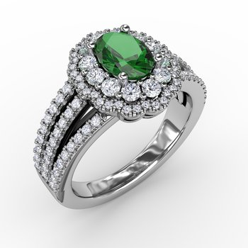 Emerald and Diamond Triple Row Split Shank Ring