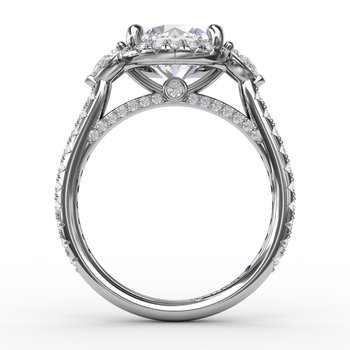 Round Diamond Halo Engagement Ring With Pear-Shape Side Stones