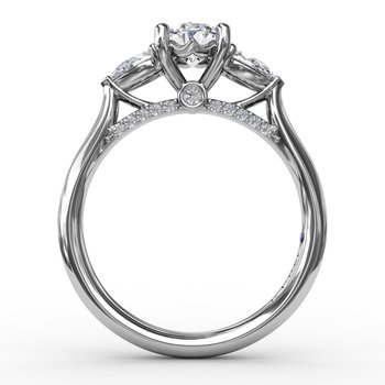Classic Oval Three-Stone Diamond Engagement Ring With Pear-Shape Side Diamonds